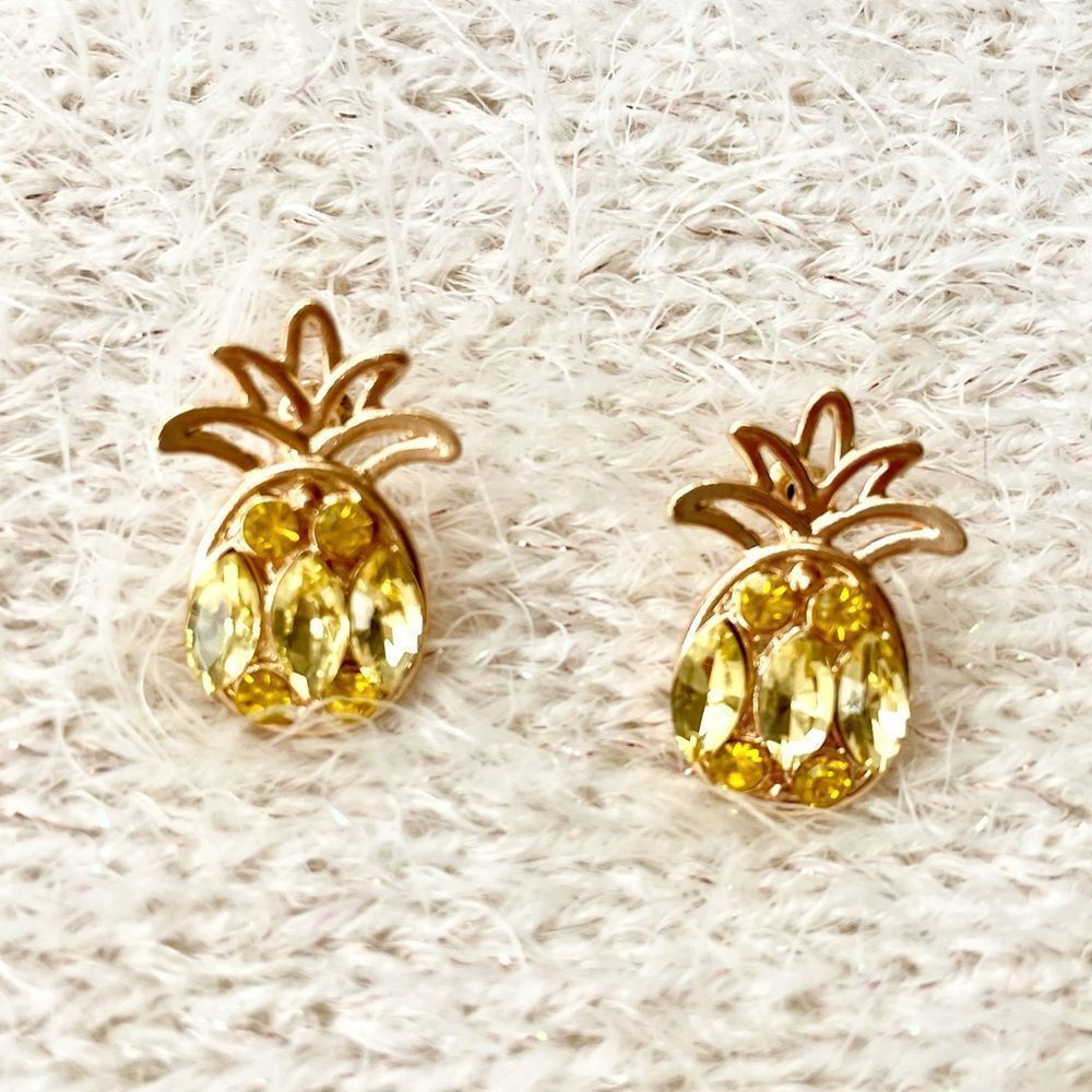 Sparkly Glass Rhinestone Pineapple Earrings, Goldtone Setting, Post Styl…